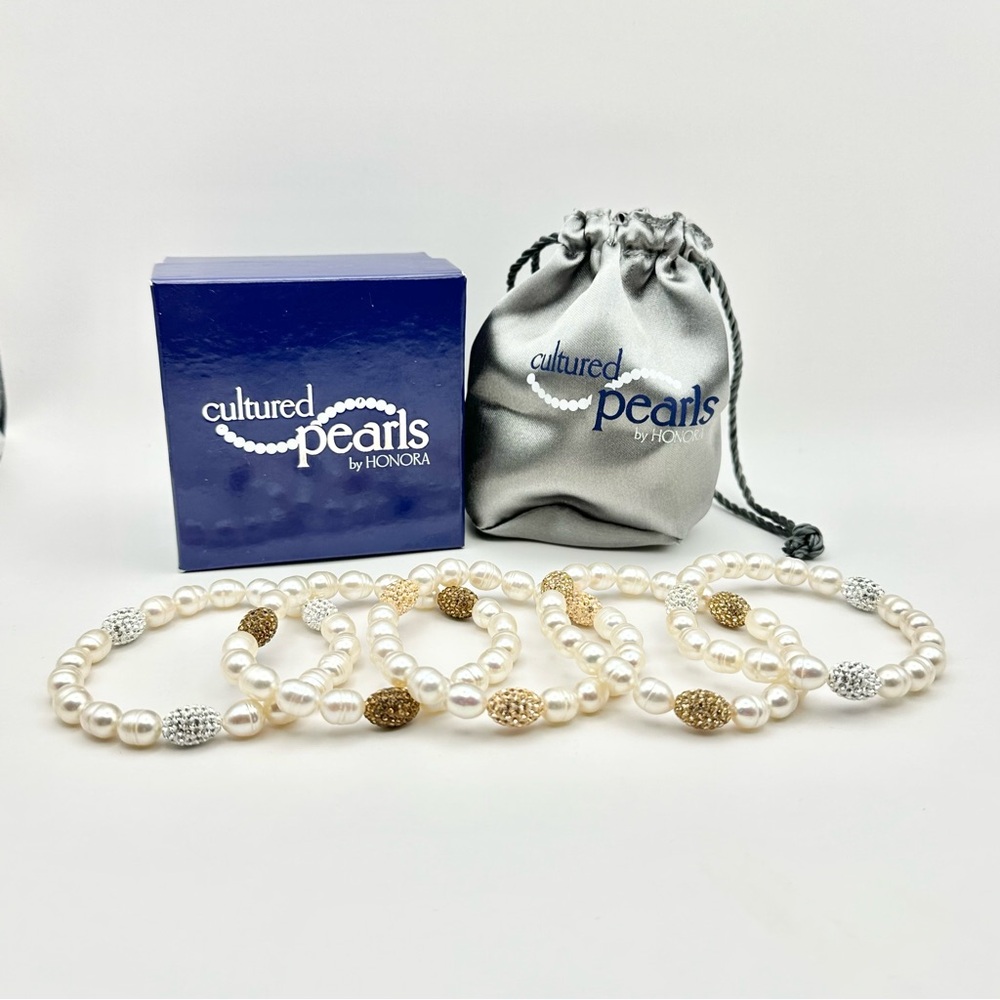 Honora Cultured Pearls & Pave Crystal Beads Stretch Bracelets. Set of 5